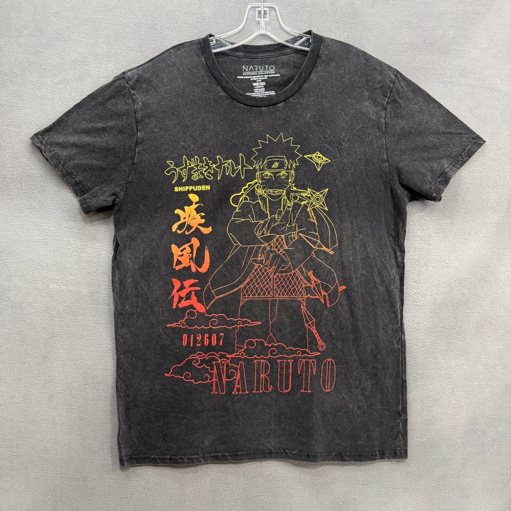 Naruto Shippuden Graphic T-Shirt Mens Large Charcoal Acid Wash Anime Viz Media